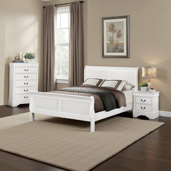 Fy 3-Piece Classic White Wood Full Size Bedroom Set with Modern Brass Metal Handles