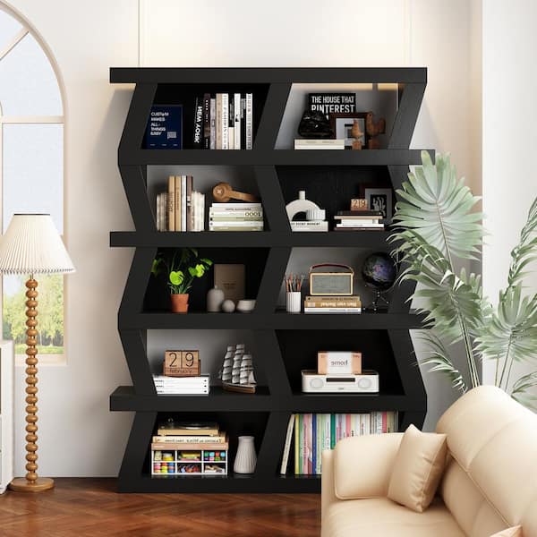 FUFU&GAGA Black 63.8 in. H Accent Cabinet Office Storage Cabinet, Bookcase, with 10-Shelves and Wave Polygon Design