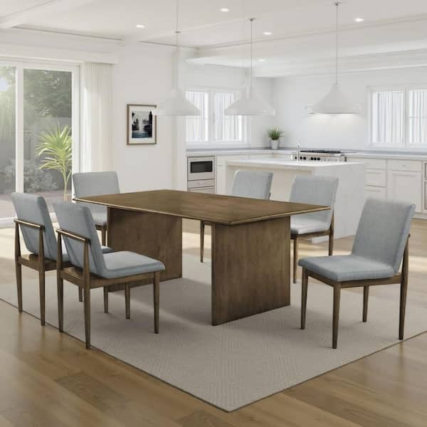 Heln 7-Piece Rectangle Natural Brown and Gray Wood Top 4-Legs Dining Table Set Seats 6
