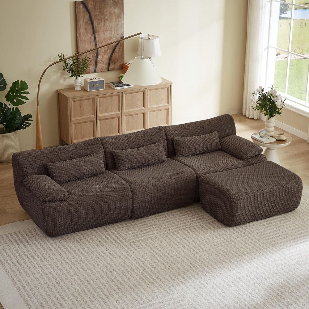 Fighter 110.2 in. Pillow Top Arms Corduroy Upholstery Modular L-Shaped Sectional Sofa in Brown with Ottoman