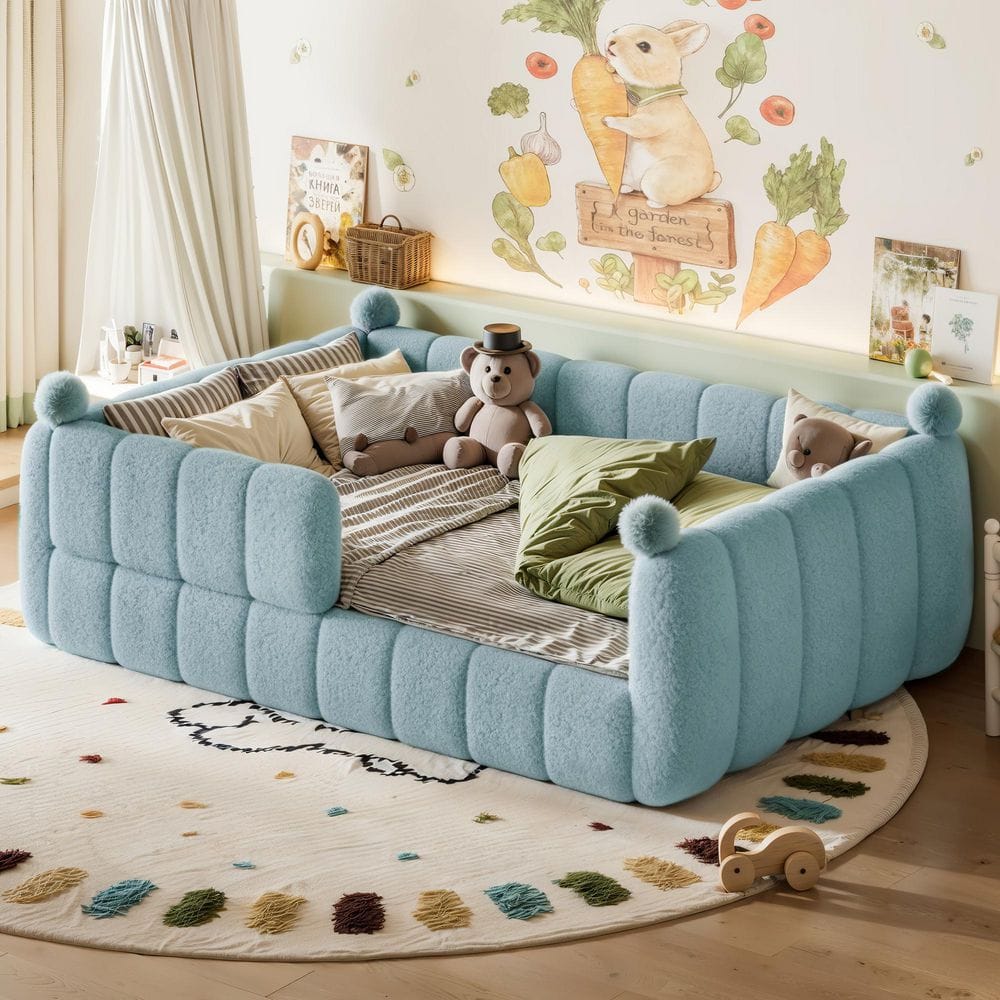 Blue Full Size Soft Teddy Upholstered Floor Bed with Full Surround Safety Rails, Modern Montessori Kids Bed