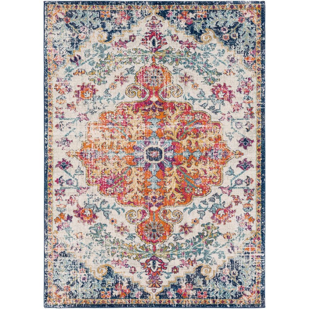 Blue Polypropylene 5 ft. x 7 ft. Floral Indoor/Outdoor Area Rug