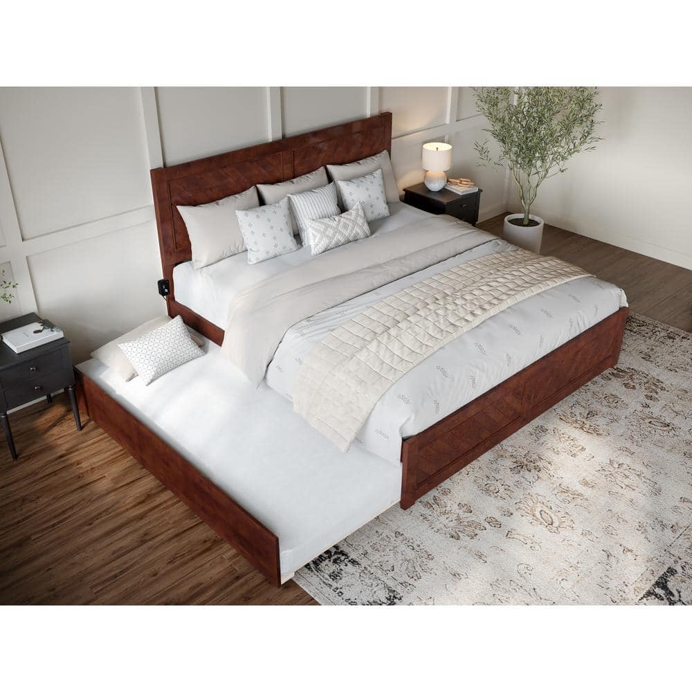 Canyon Walnut King Platform Bed with Trundle and Chevron Headboard