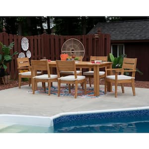 Callahan Natural Brown 7-Piece Teak Wood Rectangle table Outdoor Dining Set with Antique White Polyester Cushions