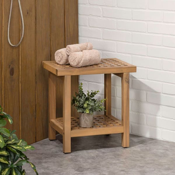 Armin 18.1 in. Modern Classic Grid Slat Solid Acacia Wood Indoor/Outdoor Shower Stool, Light Teak