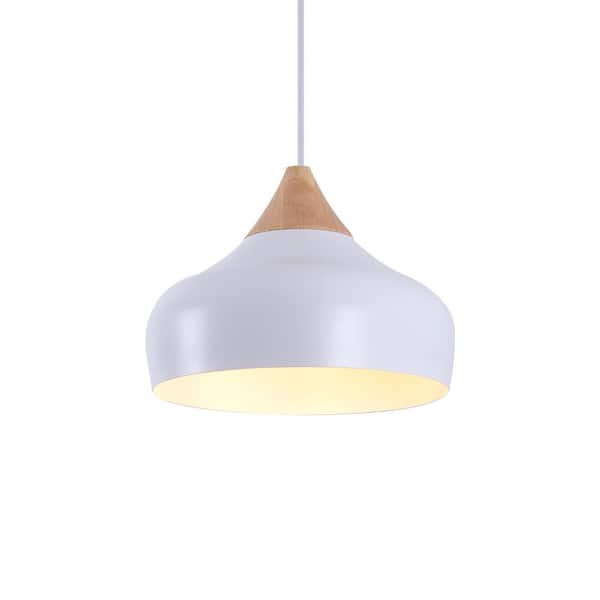 Jason 13 in. 60-Watt 1-Light Matte White Pendant Light with White Spinning Metal Round Shadeand Natural Rubber Wood Top