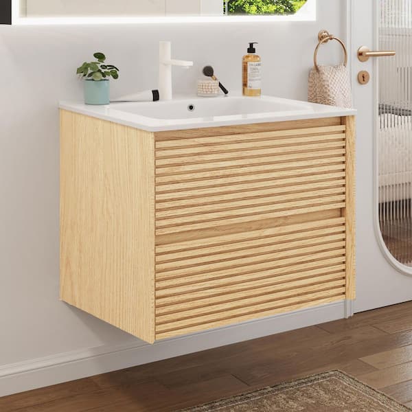 24 in. W Floating Bathroom Vanity in Brown Walnut with White Ceramic Top