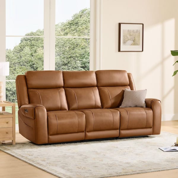 Carter 83.46 in. Dual Motors Wall Hugger Leather Power Reclining Rectangle Sofa in Saddle with Cup Holders, Straight Arm