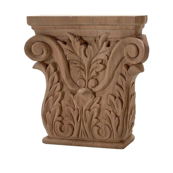 American Pro Decor 6-1/4 in. x 6-1/8 in. x 1-1/4 in. Unfinished Hand Carved Solid American Cherry Acanthus Wood Onlay Capital Wood Applique