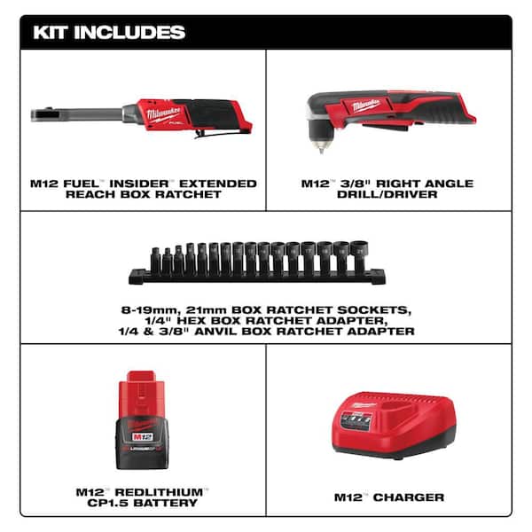 M12 FUEL INSIDER 12V Lithium-Ion Brushless 1/4-3/8 in. Extended Reach Cordless Ratchet Box Kit w Battery & RA Drill