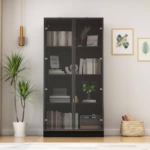 63 in. H x 31.5 in W Black Wood 3-Shelf Bookcase Bookshelf With 3-Color LED Lights and Tempered Glass Doors