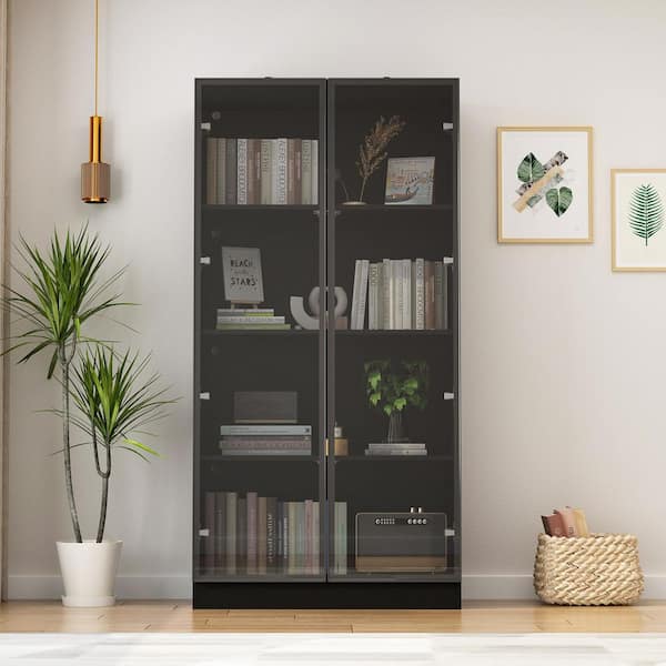 63 in. H x 31.5 in W Black Wood 3-Shelf Bookcase Bookshelf With 3-Color LED Lights and Tempered Glass Doors