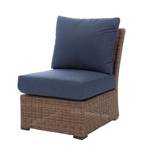Alder Brown Stationary Armless Wicker Outdoor Lounge Chair with Sunbrella Indigo Cushions