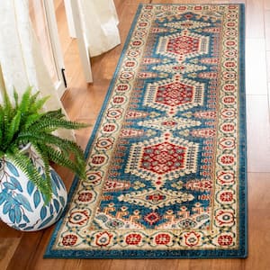 Kashan Navy Blue/Ivory 3 ft. x 8 ft. Border Runner Rug