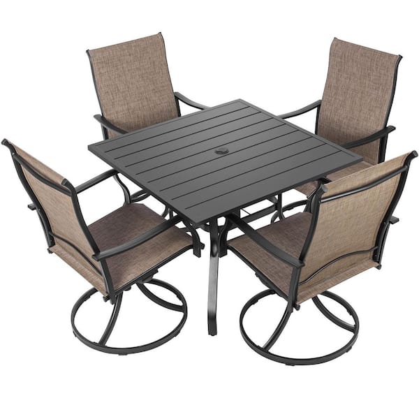5-Piece Metal Outdoor Patio Dining Set with Square Table and Swivel Textilene Chairs in Brown