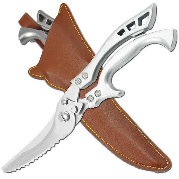 Heavy Duty Silver Kitchen Shears with Brown Leather Sheath Kitchen Scissors Sharp Stainless Steel Blades for Poultry