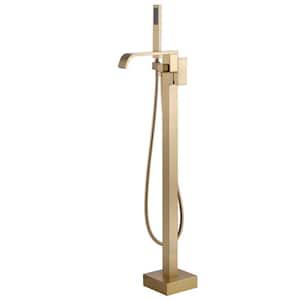 1-Handle Free Standing Tub Faucet with Hand Shower in Brushed Gold