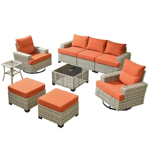 Kelleys 9-Piece Wicker Outdoor Patio Conversation Sofa Furniture Set with Swivel Chairs, Tables and Orange Red Cushions