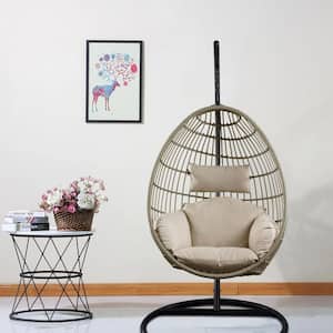 37 in. Black Metal Patio Swing Chair with Cushions in Beige