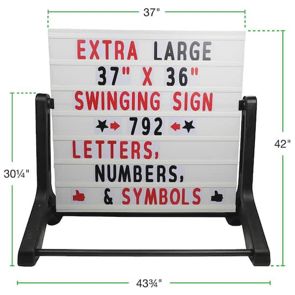 Excello Global Products Swinging Changable Message Sidewalk Sign: 37 x 36 Sign with 792 Pre-Cut Double Sided Letters and Storage Box. Includes Black