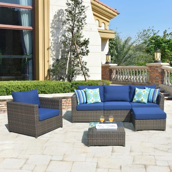XIZZI Ontario Lake Gray 6-Piece Wicker Outdoor Patio Conversation Seating Set with Navy Blue Cushions