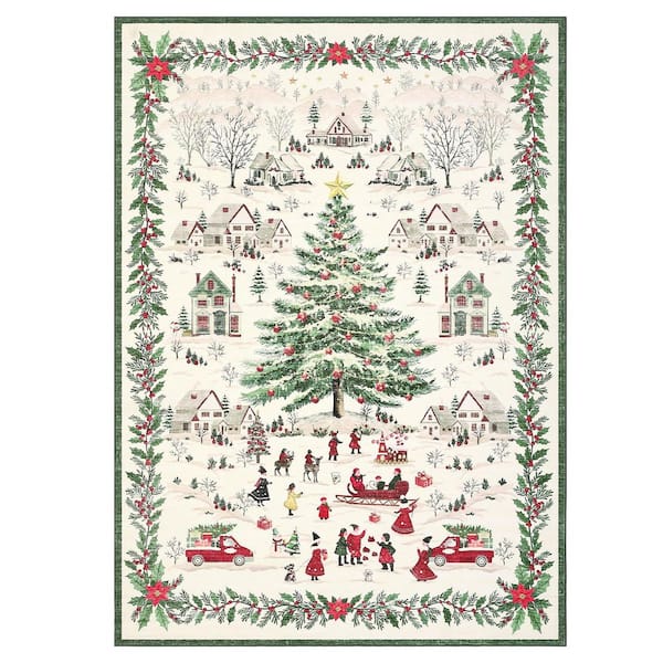 Beige 4 ft. x 6 ft. Vintage Xmas Village Rug Christmas Holly Border Carpet Washable Non Slip Mat Home Decor Area Rug