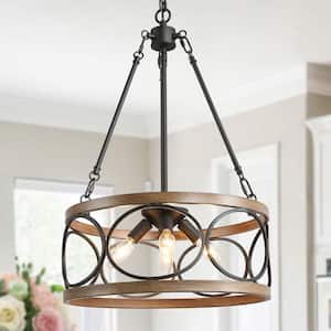 Brown Drum Chandelier, 4-Light Black Cage Farmhouse Chandelier Dining Room Pendant Light with Wood Accents