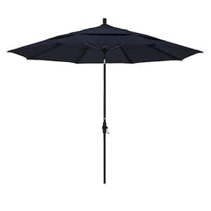 11 ft. Bronze Aluminum Pole Market Fiberglass Ribs Collar Tilt Crank Lift Outdoor Patio Umbrella in Navy Sunbrella