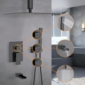 3-Spray Square 12 in. Shower System with Waterfall Tub Spout 1.8 GPM Ceiling Mount Shower Faucet in Matte Black
