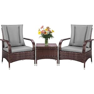 3-Piece PE Wicker Patio Conversation Set with Dark Grey Cushions