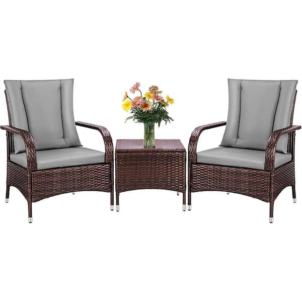 VIVOHOME 3-Piece PE Wicker Patio Conversation Set with Dark Grey Cushions