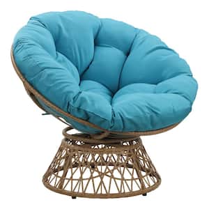 Papasan Chair- Blue Round Pillow Cushion- Natural Wicker Weave