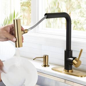 3 Modes Single Handle Waterfall Pull Down Sprayer Kitchen Faucet with Soap Dispenser in Black and Gold