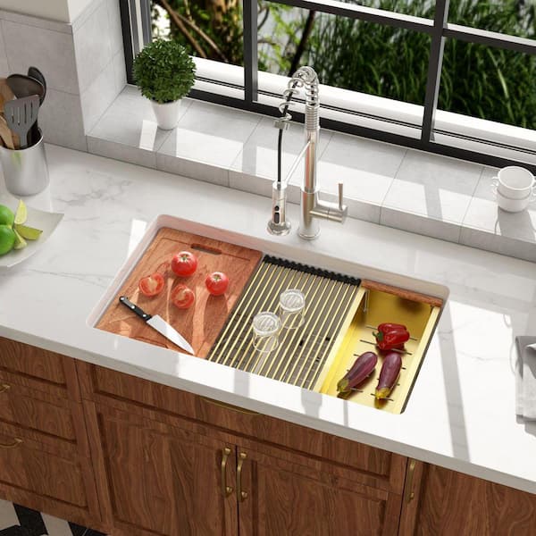 Quartz Composite 33 in. x 19 in. White Undermount 50/50 Double Bowl Low Divide Workstation Kitchen Sink with Bottom Grid
