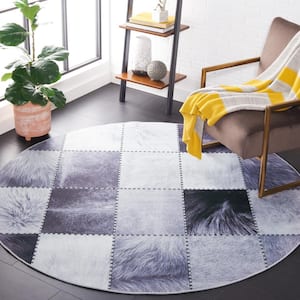 Faux Hide Light Gray/Gray 6 ft. x 6 ft. Machine Washable Plaid Solid Color Round Area Rug