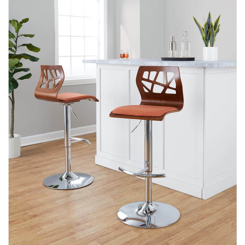 Walnut Wood and Orange Fabric Adjustable Swivel Barstool
