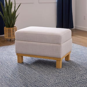 Kay Oat Polyester Rectangle Storage Ottoman with Wood Base