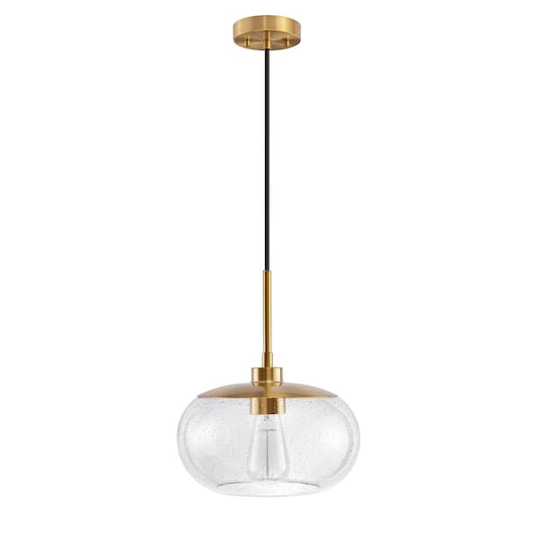 KAWOTI 1-Light Modern Antique Brass Pendant Light with Seeded Glass Shade