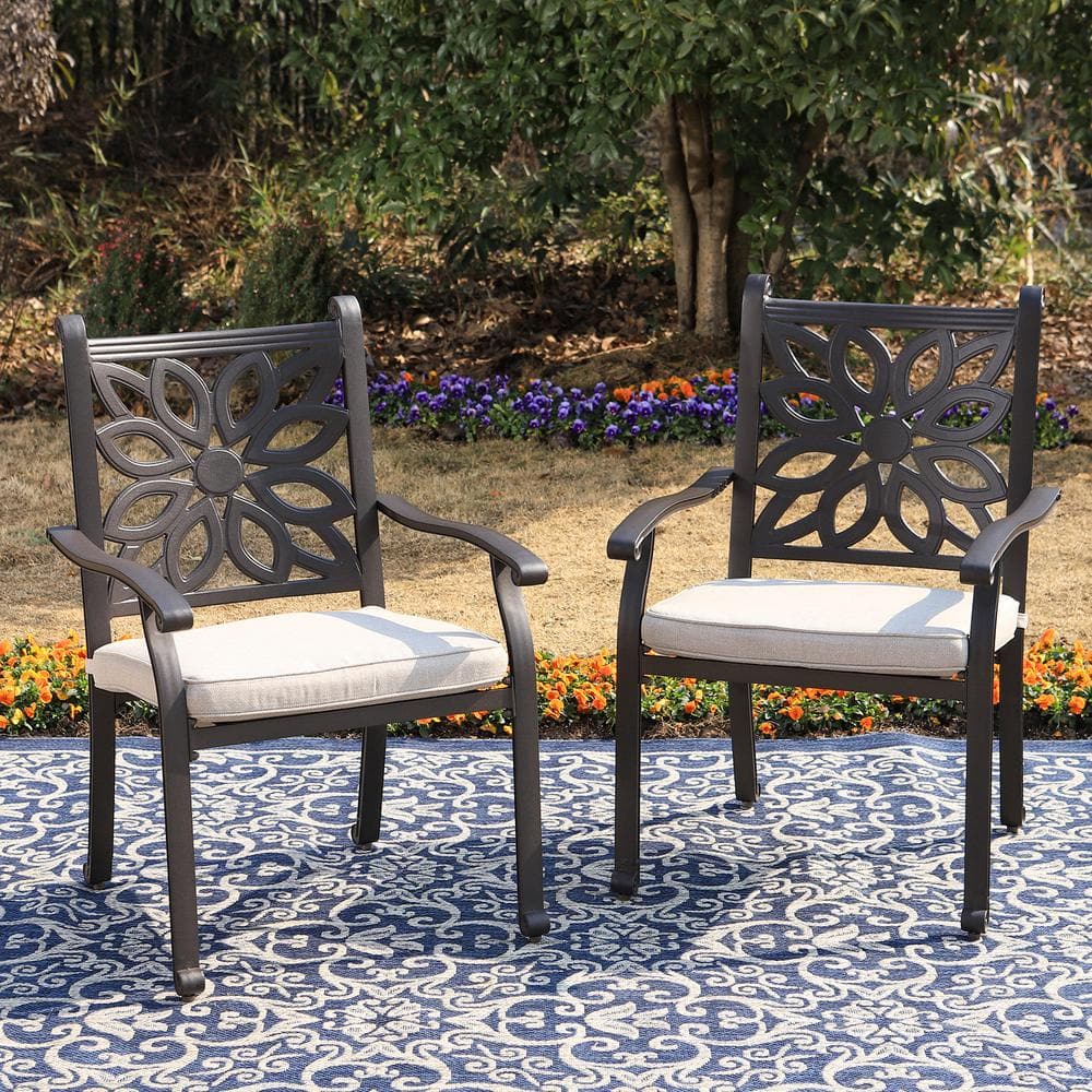 PHI VILLA Brown Cast Aluminum Outdoor Dining Chair with Beige Cushion 2 Pack THD E077 The Home Depot