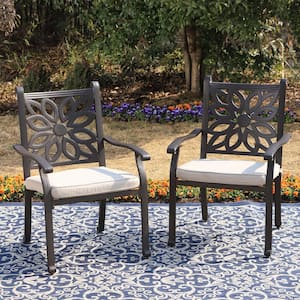 Brown Cast Aluminum Outdoor Dining Chair with Beige Cushion (2-Pack)