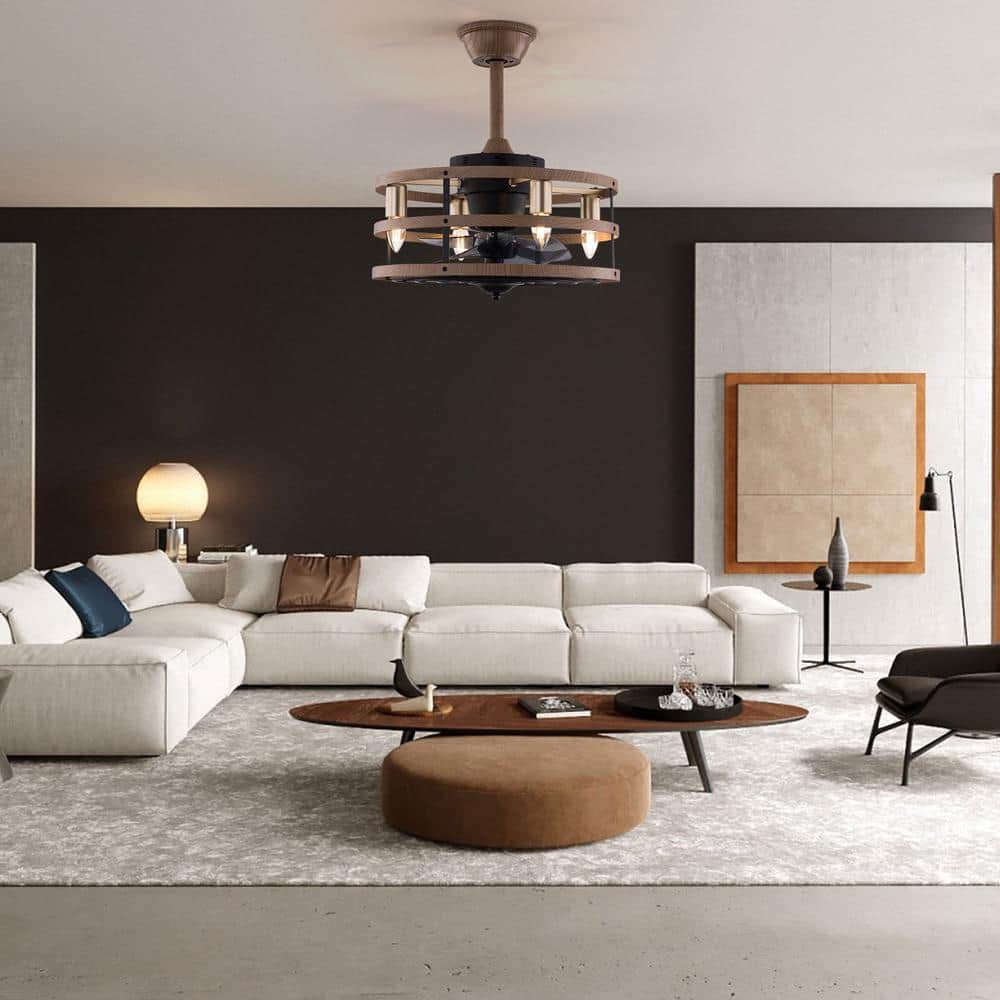 18-Inch Light Brown Caged Ceiling Fan with Remote and Lighting