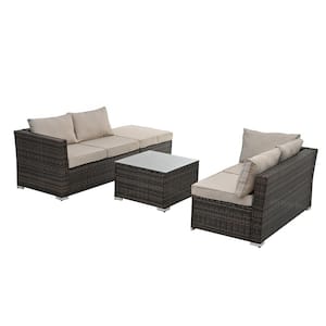 4-Piece Brown Wicker Patio Conversation Set with Gray Cushions, Tempered Glass Coffee Table