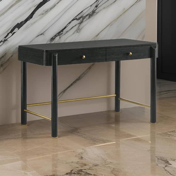 Benjara Fij 1-Piece Black and Gold Makeup Vanity Desk with 2-Drawers