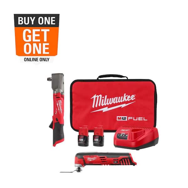 Milwaukee M12 FUEL 12V Lithium-Ion Brushless Cordless 1/2 in. Right Angle Impact Wrench Kit w Two 2.0 Ah Batteries & Multi-Tool