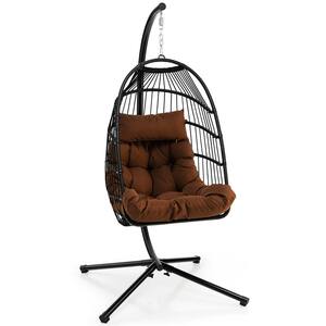 Metal Hanging Egg Chair Patio Swing with Stand Waterproof Cover Folding Basket Brown Cushions