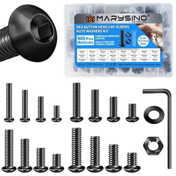 900-Piece Metric Bolt and Nut Assortment Kit, Grade 10.9 Hex Socket Screws (M3-M6) with Washers, Wrenches Black Finish
