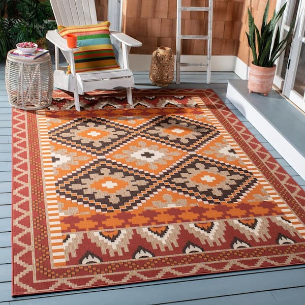 Veranda Rust/Red 9 ft. x 12 ft. Border Indoor/Outdoor Patio  Area Rug