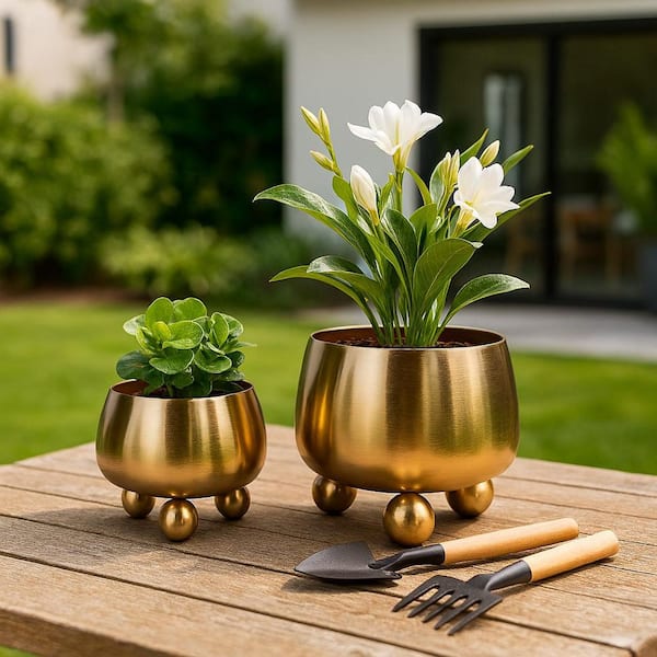 9 in. and 11 in. Gold Metal Planters with Ball Feet (Set of 2)
