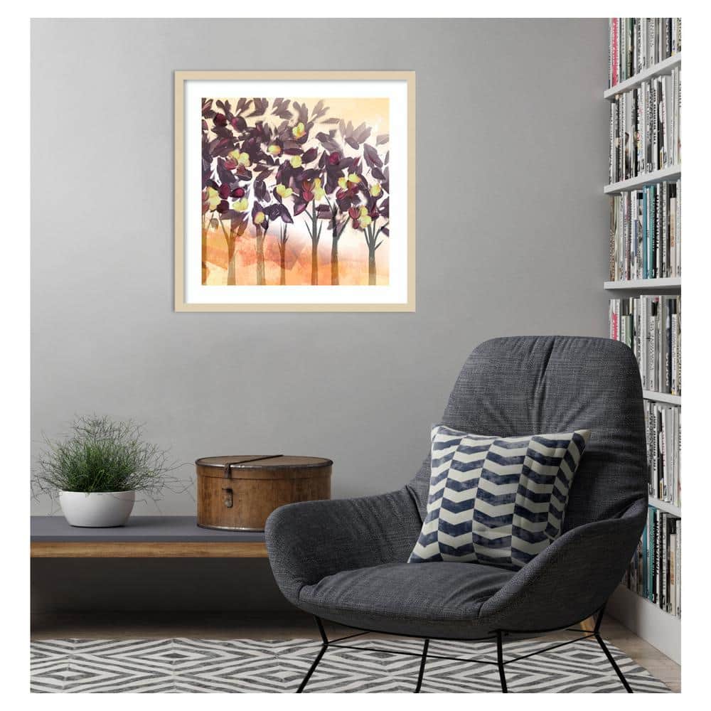 Purple Trees Expressionist Graphic Art in Natural Wood Frame