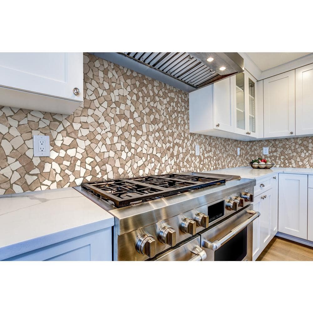11" x 11" Tan and White Tumbled Marble Mosaic Tile